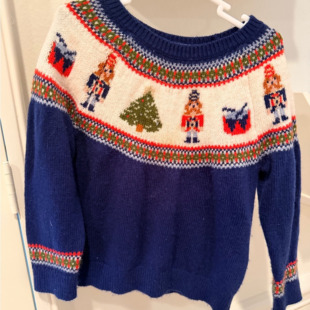 Mini Boden Blue Sweater with Nutcracker and Tree Design